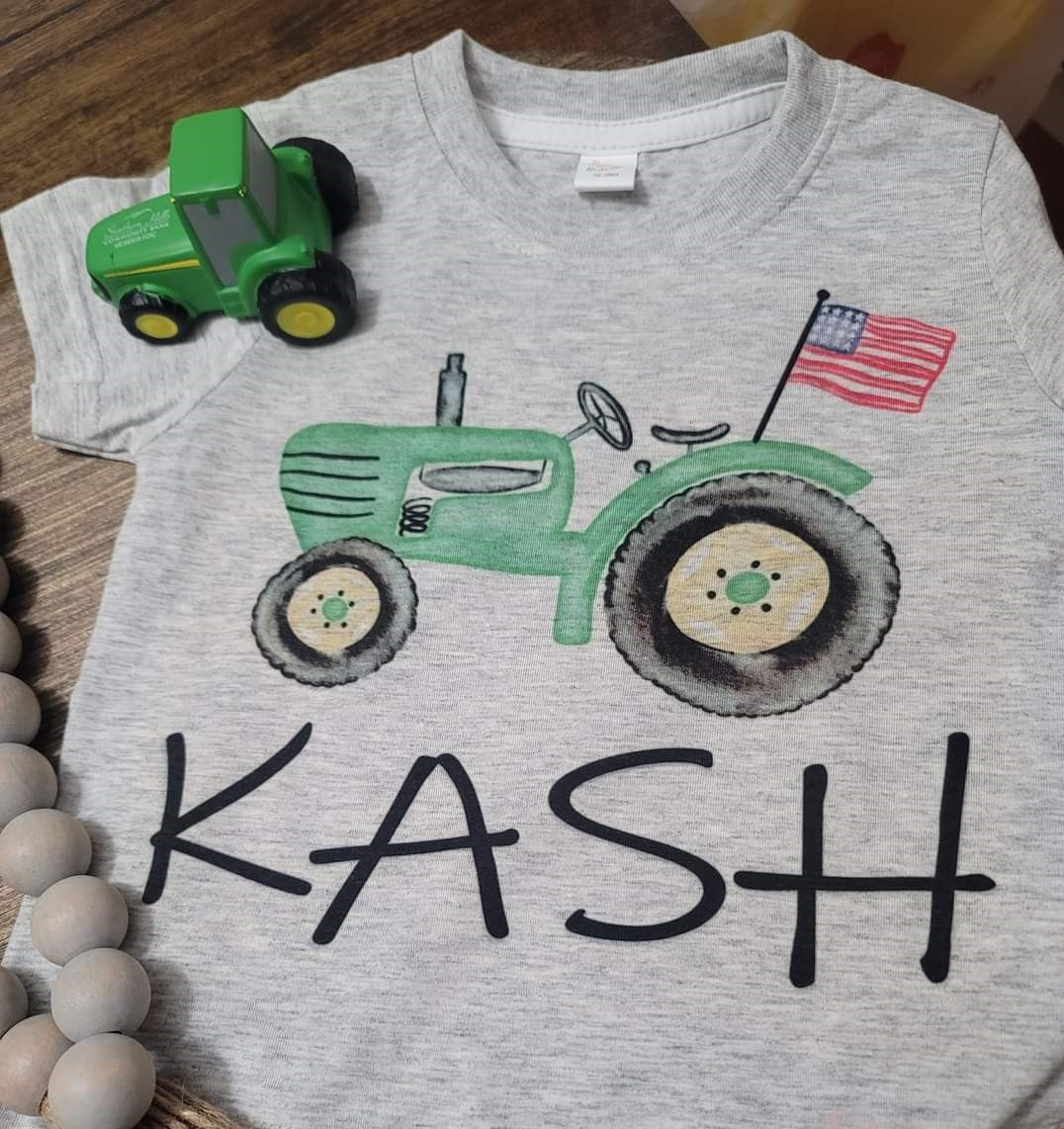 KIDS GREEN TRACTOR TEE WITH NAME