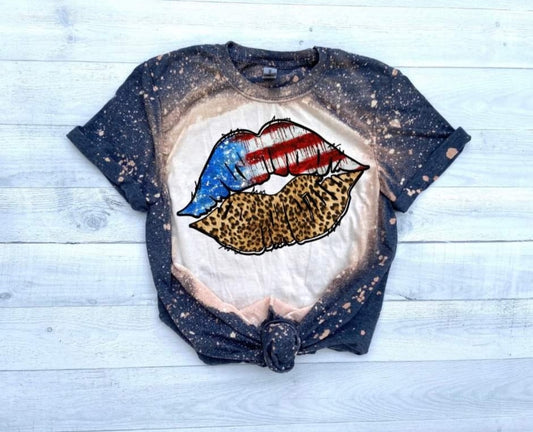 Red,white and blue lips bkached tee